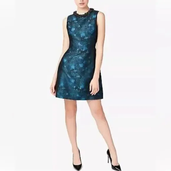 Betsey Johnson Blue Green Jacquard Beaded Collar Dress 4 Holiday Party - Picture 3 of 7